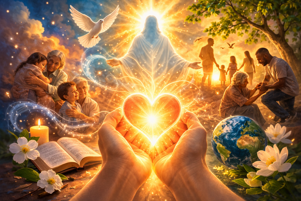 Amor al prójimo en el espiritismo representado por manos sosteniendo un corazón luminoso y la humanidad unida bajo la luz divina