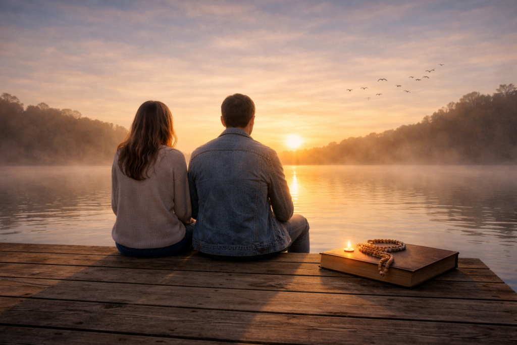 Pareja en silencio frente al amanecer reflejando falta de claridad en la relación e incertidumbre emocional