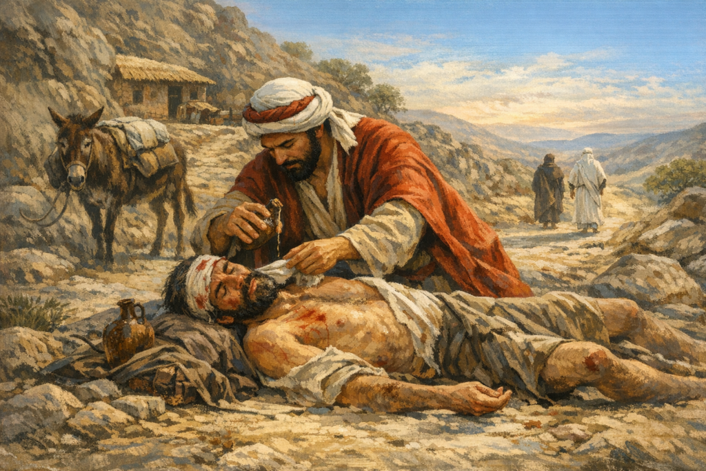 parábola del buen samaritano ayudando a un herido en el camino